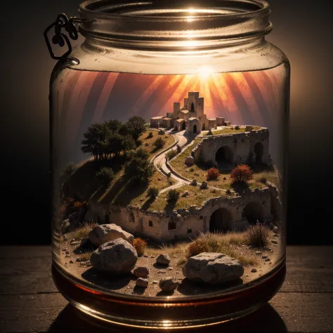 (an intricate minitown matera landscape trapped in a closed jar), atmospheric greenish lighting, realism, film grain, super deta...