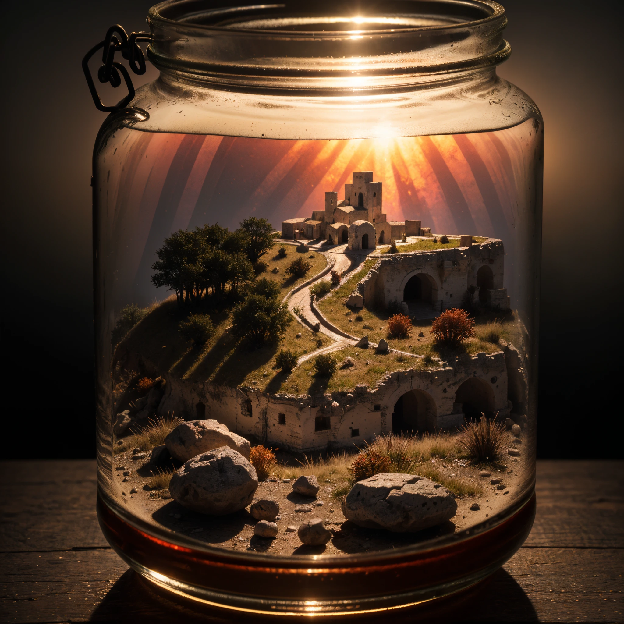 (An intricate minitown Matera landscape trapped in a closed jar), atmospheric greenish lighting, Realism, film grain, super detail, on a desk, it's autumn in the jar. 4k UHD, dark vibes, hyper detailed, vibrant colors, reddish sky background, epic composition, octane render, sharp focus, high resolution isometric, closeup view.