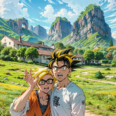 there are two people standing in a field with mountains in the background, 2D,Comic style, comics, dragonball,Son Goku,quadratic...