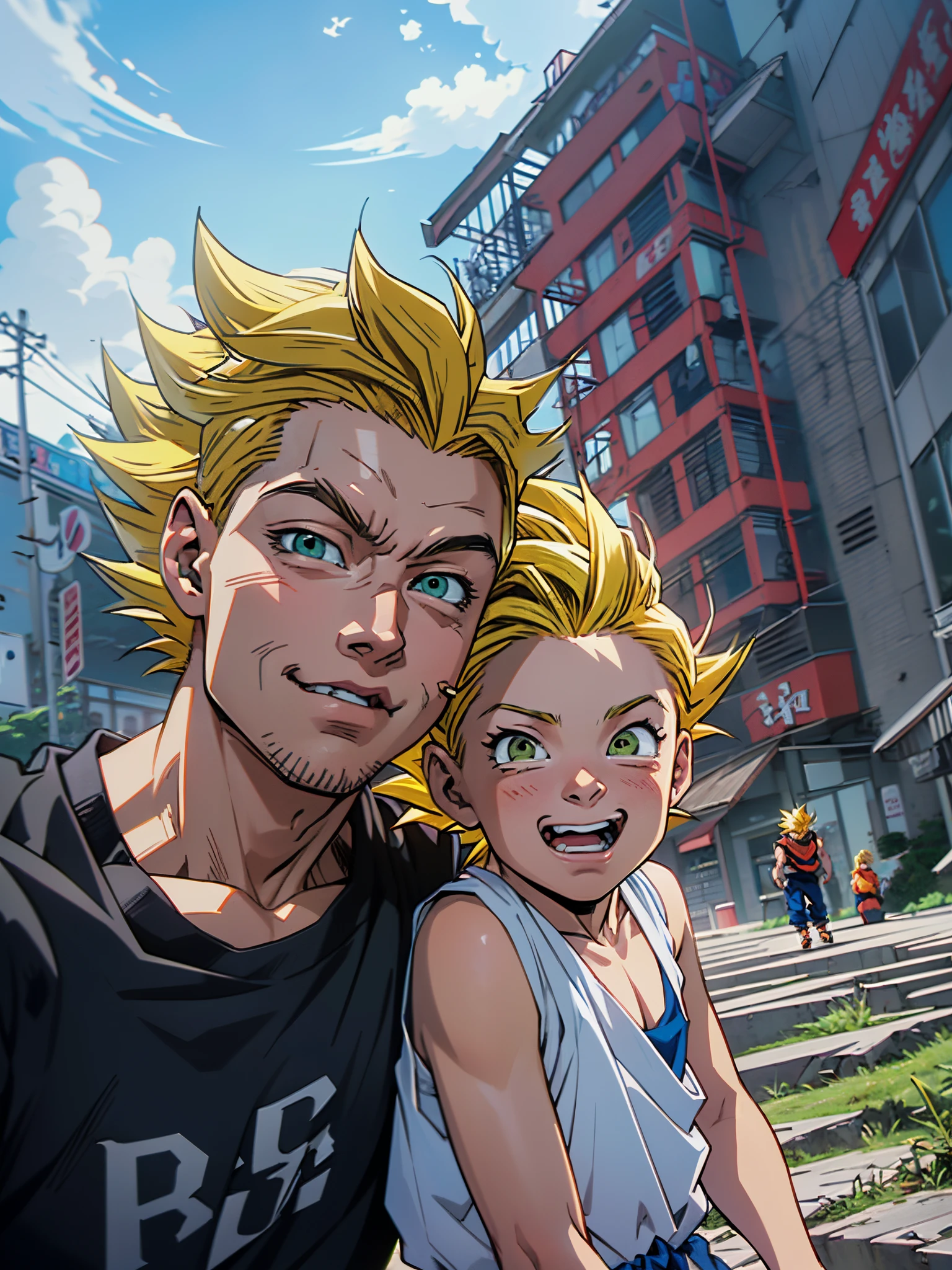 there is a man and a boy that are standing together,2D,Comic style, comics, dragonball,Son Goku,quadratic element,shoun,head portrait,super saiyan, ((yellow hair:1.3)),(blond hair:1.3), goku, super saiyan, dragon ball concept art, dragon ball artstyle,4k, manga wallpaper,