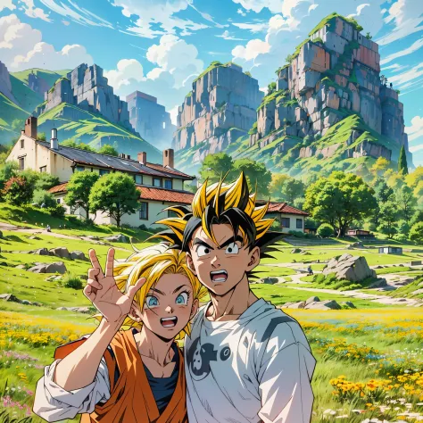 there are two people standing in a field with mountains in the background, 2D,Comic style, comics, dragonball,Son Goku,quadratic...