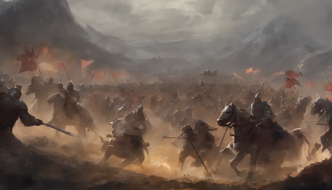 A close-up of a medieval war scene，The fighting was fierce，spectacular，The medieval crusaders fought a lot of terrifying battles(Minotaur team：1.3)，(Overwhelming enemies)，On the plain，eventide，Medieval landscape，Fantastical，4K，best qualtiy，primitive，（(Ultr...