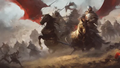 A close-up of a medieval war scene，The fighting was fierce，spectacular，The medieval crusaders fought a lot of terrifying battles(Minotaur team：1.3)，(Overwhelming enemies)，On the plain，eventide，Medieval landscape，Fantastical，4K，best qualtiy，primitive，（(Ultr...