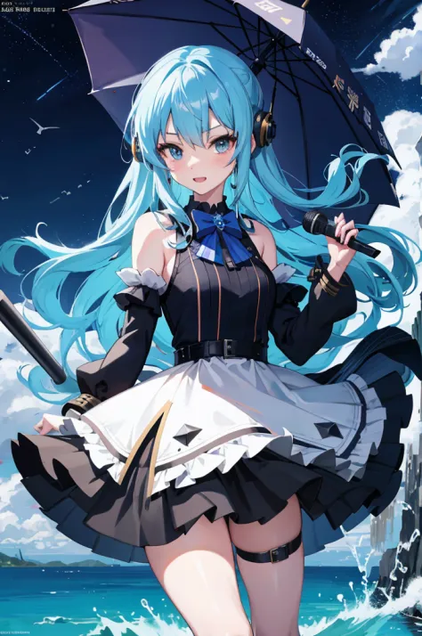 anime girl in a blue dress holding a microphone and a blue umbrella, kantai collection style, nightcore, trending on artstation ...