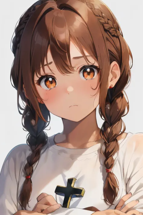 fluffy hair,((With bangs)),brown haired,((Braided shorthair)),Slightly red tide,((Brown eyes)),A face that looks like it's turne...