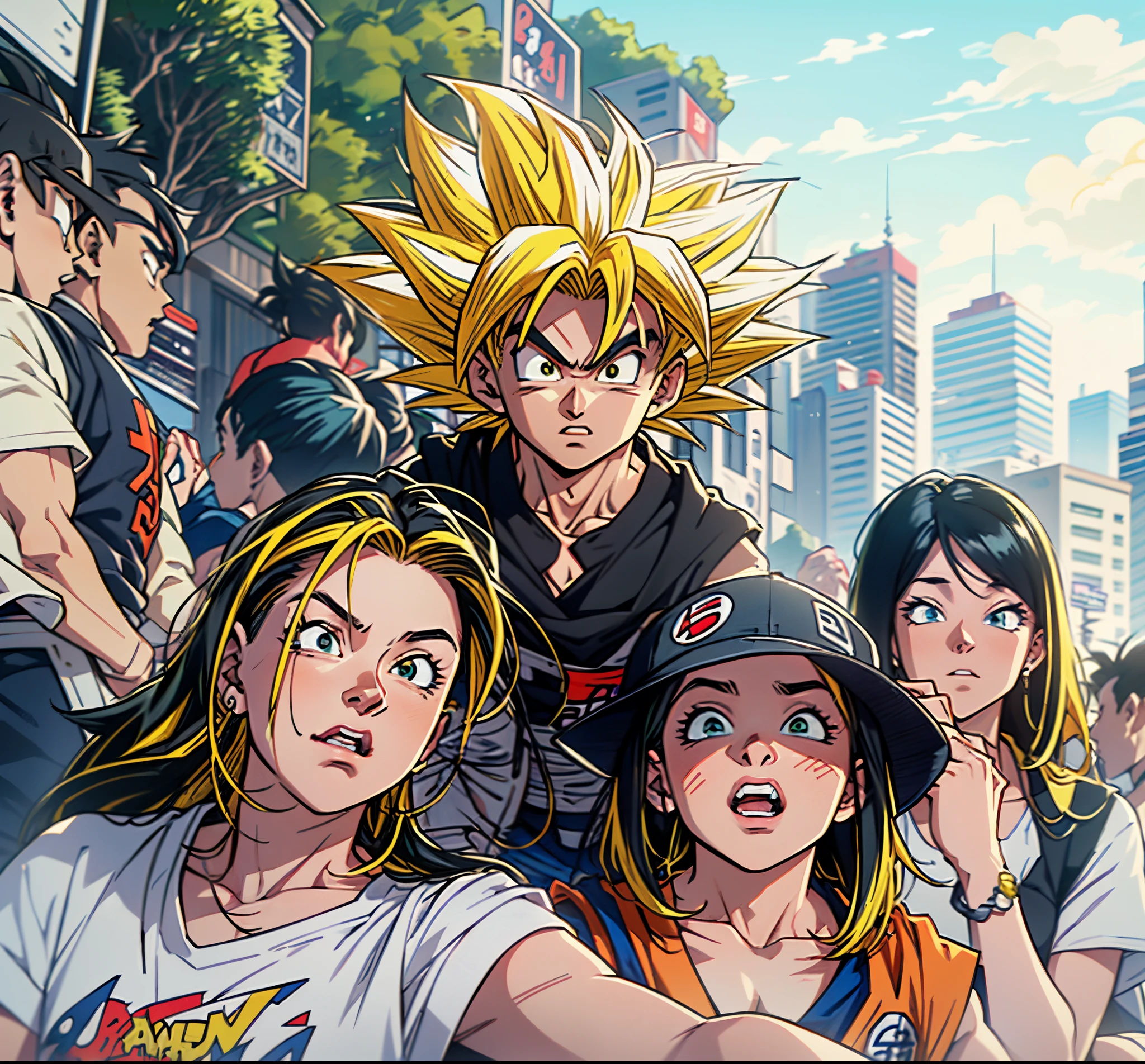 there are many people that are posing for a picture together,2D,Comic style, comics, dragonball,Son Goku,quadratic element,shoun,head portrait,super saiyan, ((yellow hair:1.3)),(blond hair:1.3), goku, super saiyan, dragon ball concept art, dragon ball artstyle,4k, manga wallpaper,