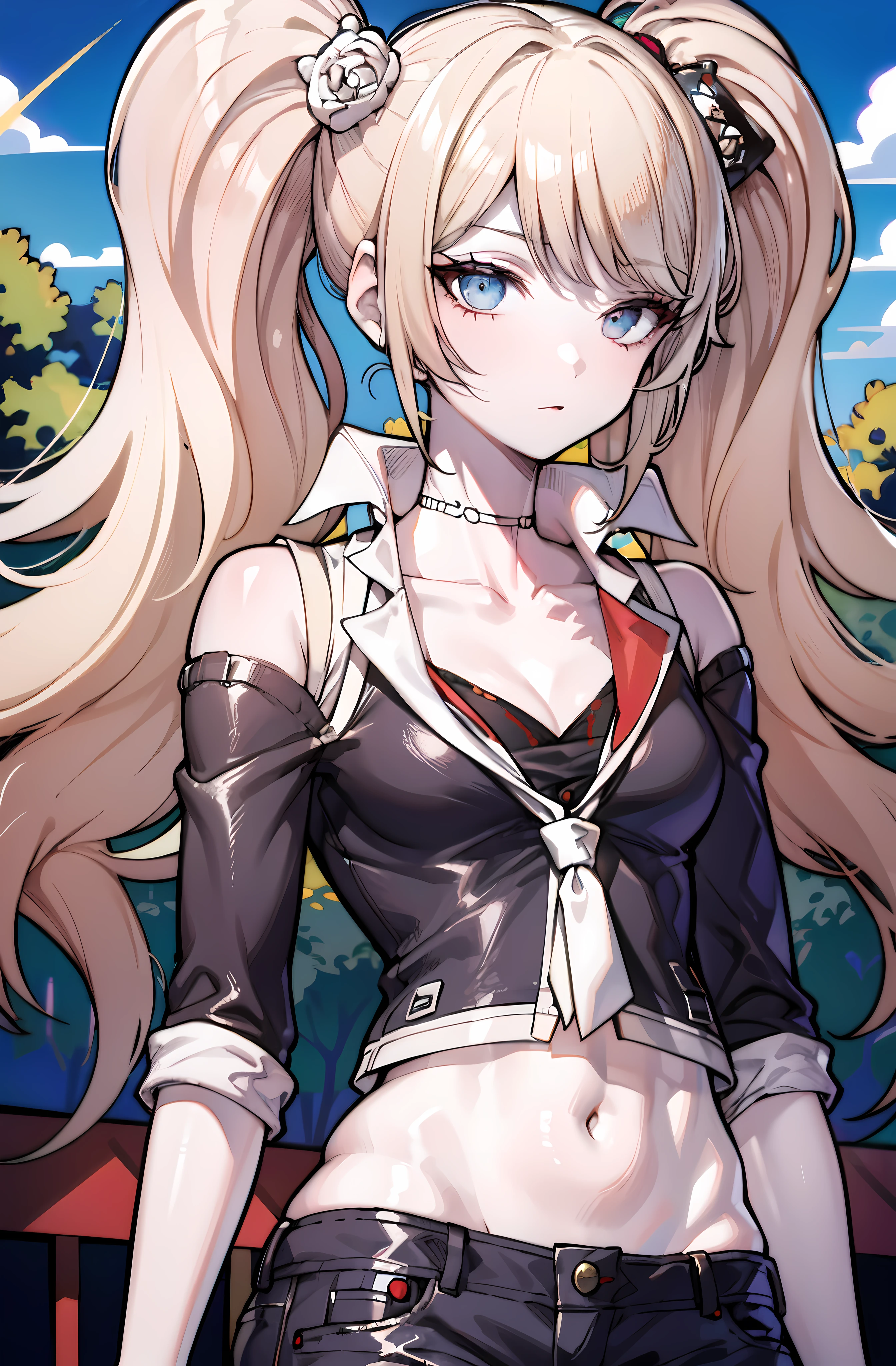 (masterpiece:1.2), (pale skin:1.2), (solo:1.2), (female:1.1), (emphasis lines:1.3), blonde, twintails, bare shoulders, vest, collarbone, denim shorts, outdoors, trees, midriff, (urban)