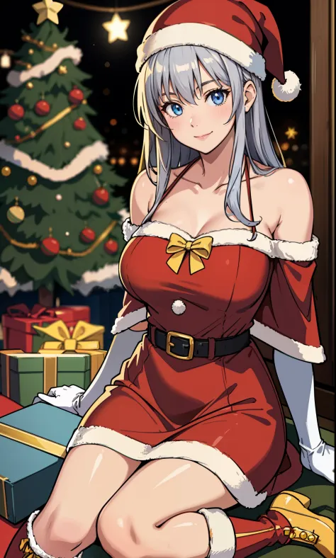 8k wallpaper,Best Quality,masutepiece,Realistic, A woman wearing a pale yellow Santa costume、Sitting on the ground next to a Christmas tree with lights on,
BREAK/
1girl in, （(Silver Shorthair)）、blue eyess、Bare shoulders, Sitting, Smile, holding sack,
BREAK/
depth of fields, bell, Blurry, Blurry background, long boots, champagne, Champagne Flute, chimney, Christmas, Christmas Lights, Christmas Ornaments, Christmas tree, Holly, Indoors, Merry Christmas, ornament detached, gift, gift box,
BREAK/
fur-trimmed capelet, Dress trimmed with fur, Fur-rimmed gloves, Fur-rimmed hat, Fur-rimmed legwear, Skirt edged with fur, light yellow bow, Light yellow dress, light yellow footwear, light yellow gloves, light yellow hat, light yellow furisode, BREAK/light yellow santa bikini, light yellow santa boots, light yellow santa costume, light yellow santa dress, light yellow santa gloves, light yellow santa hat