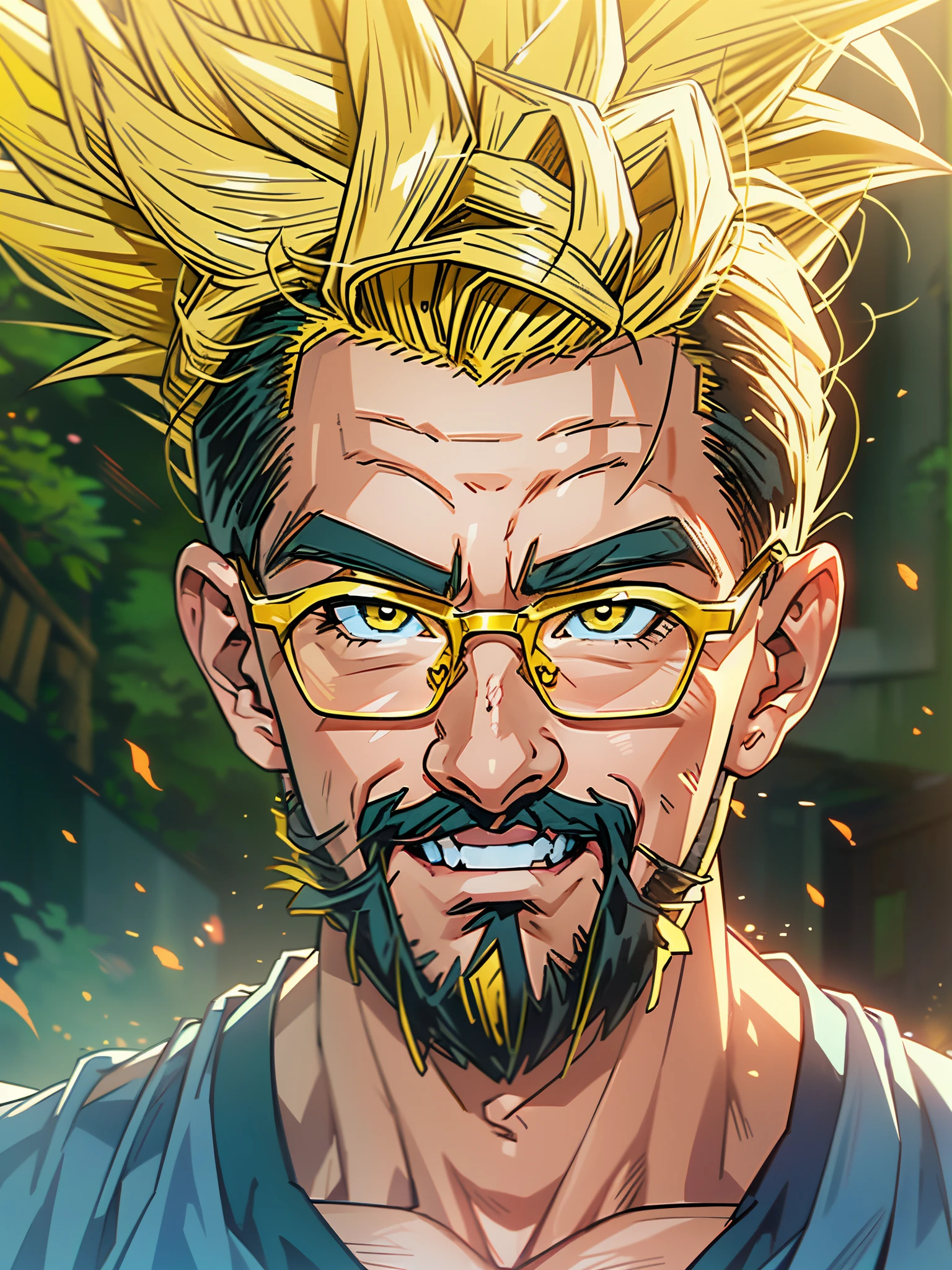 Da ist ein Mann mit Brille und Bart, der für ein Foto lächelt, 2d,Comic-Stil, Comics, dragonball,Son Goku,quadratisches Element,ZEIGEN,Kopf Porträt,Super Saiyajin, ((gelbes Haar:1.3)),(blondes Haar:1.3), goku, Super Saiyajin, Dragon Ball-Konzeptkunst, dragon ball artstyle,4k, Manga-Tapete,