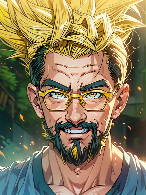 there is a man with glasses and a beard smiling for a picture, 2D,Comic style, comics, dragonball,Son Goku,quadratic element,sho...