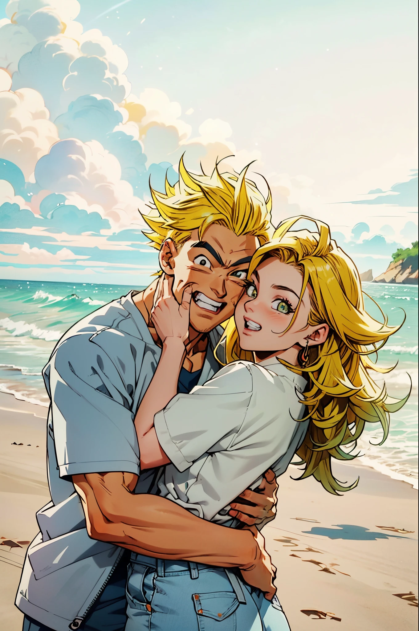 a man and woman hugging on the beach with the ocean in the background, 2D,Comic style, comics, dragonball,Son Goku,quadratic element,shoun,head portrait,super saiyan, ((yellow hair:1.3)),(blond hair:1.3), goku, super saiyan, dragon ball concept art, dragon ball artstyle,4k, manga wallpaper,