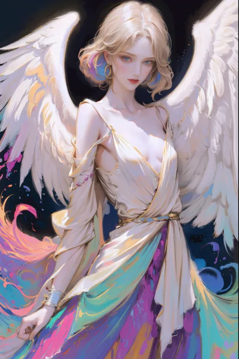 designed by nty, a woman is, (angelic, the angel's wings), multicolored clothing, complicated details, coloured background, abst...