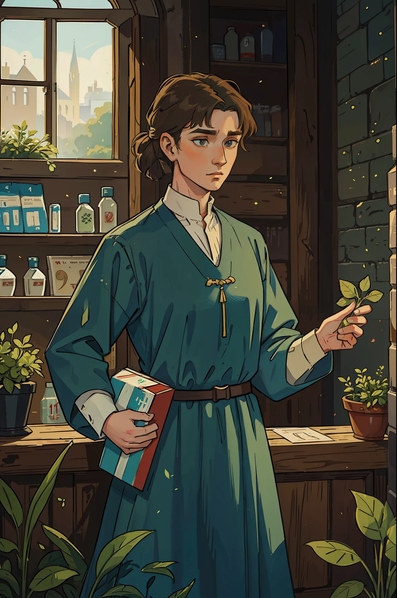 ano: 11th century. Location: Londres. Pre-Raphaelite scene with a 31-year-old Englishman, medic, buying herbs in a pharmacy, ((((11th century plain tunic)))) ((11th century hairstyle)), (((Film style)))