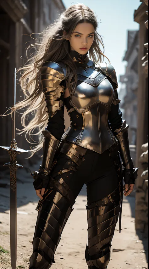 8k, best quality, highres, realistic, real person, A fierce and beautiful female knight with golden hair, wearing shining, form-...