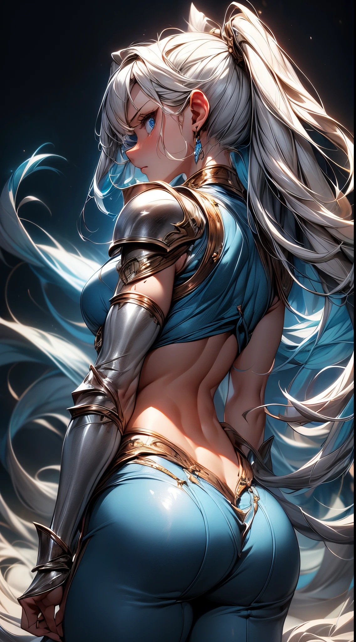 absurderes ,1 girl,Serious,Silver hair,worried woman ,Wolf ears,Blue eyes,Bikini Armor,Abs,muscular,Silver Gauntlet ,leather waist seat,BREAK,Dynamic Angle,Dynamic lighting,Wasteland,Fantasy,BREAK,(close range),(back view,From  below :1.2),looking back,Best Quality,Insanely detailed,Hyper realistic, Perfect Anatomy,Perfect five fingers,Vibrant colors,amazing,superfine illustration