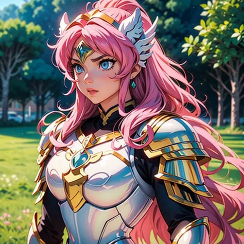 A woman wearing a white kitten armor,, Saint Seiya,  cute Armor, , kitten helmet,  Pink hair, long  hair, greens eyes, Charismat...