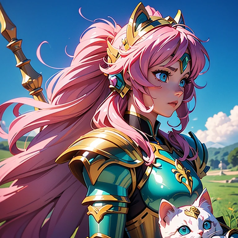 Una mujer vestida con una armadura de gatito blanca,, Saint Seiya,  linda armadura, , casco de gatito,  Cabello rosado, pelo largo, ojos verdes, personaje carismático, Avatar de seconde vie, Buena captura de pantalla, Femme seduisante vue complète du corps, alta calidad, Piel muy detallada