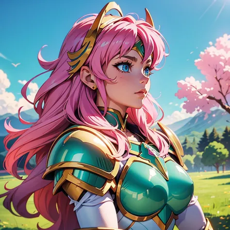 a woman wearing a white kitten armor,, saint seiya,  cute armor, , kitten helmet,  pink hair, long  hair, greens eyes, charismat...