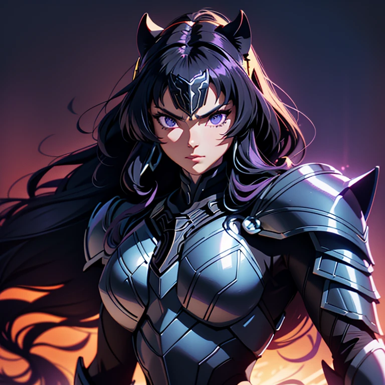 Una mujer con una armadura de pantera negra.,, Saint Seiya, Armadura de pantera negra, casco de pantera, pelo morado oscuro, pelo medio largo, , personaje carismático, Avatar de seconde vie, Buena captura de pantalla, Femme seduisante vue complète du corps, alta calidad, Piel muy detallada