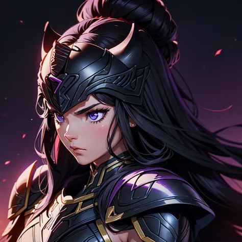 A woman wearing a black panther armor,, Saint Seiya, Black panther Armor, panther helmet, Dark purple hair, mid-long hair, , Cha...
