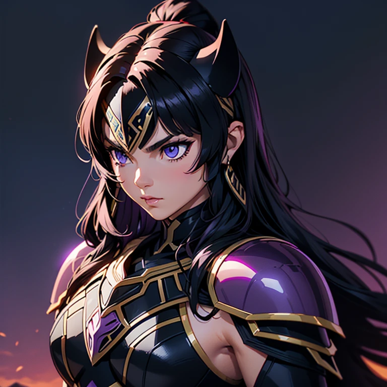 Eine Frau in einer schwarzen Pantherrüstung,, Heiliger Seiya, Schwarze Pantherrüstung, Panther-Helm, dunkelviolettes Haar, mittellanges Haar, , charismatischer Charakter, Second-Life-Avatar, Schöner Screenshot, Ganzkörperansicht der attraktiven Frau, gute Qualität, sehr detaillierte Haut