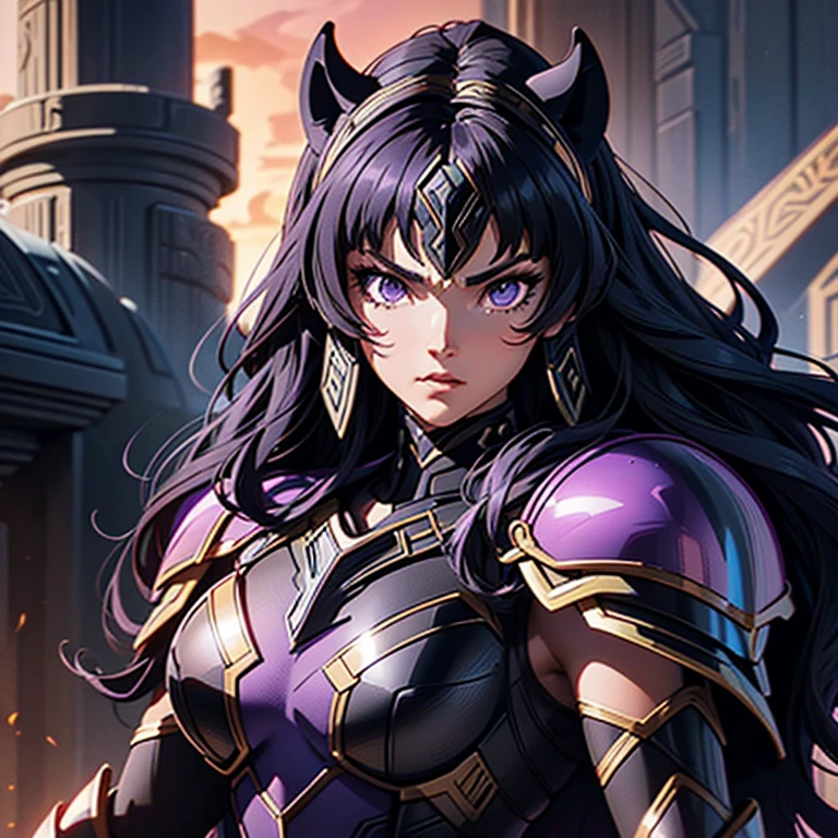 Una mujer con una armadura de pantera negra.,, Saint Seiya, Armadura de pantera negra, casco de pantera, pelo morado oscuro, pelo medio largo, , personaje carismático, Avatar de seconde vie, Buena captura de pantalla, Femme seduisante vue complète du corps, alta calidad, Piel muy detallada