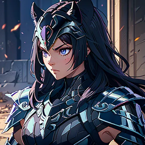 a woman wearing a black panther armor,, saint seiya, black panther armor, panther helmet, dark purple hair, mid-long hair, , cha...