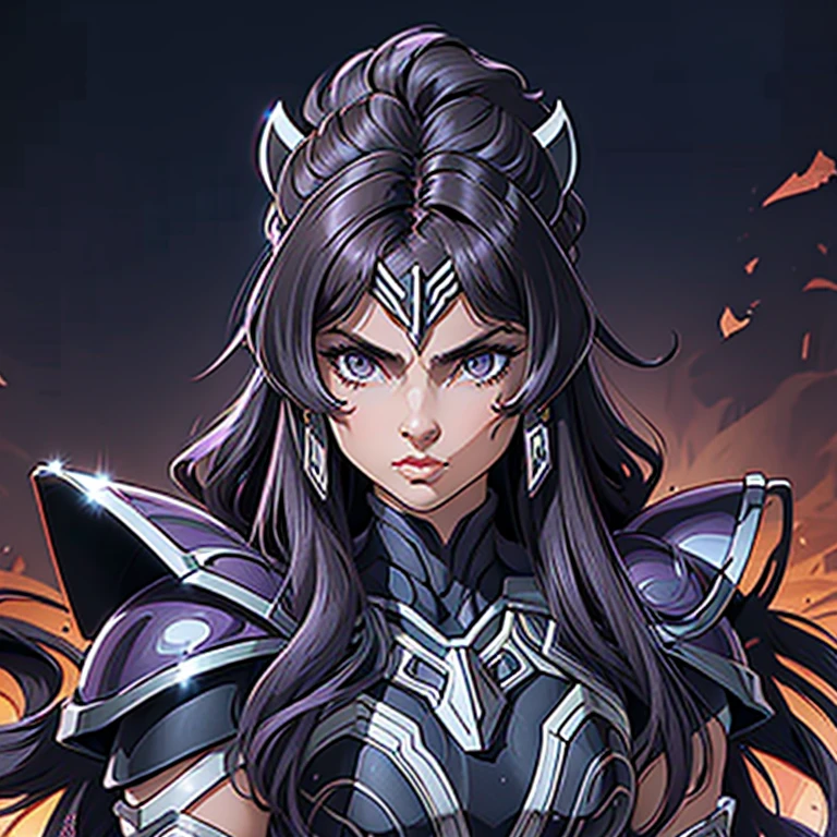 Una mujer con una armadura de pantera negra.,, Saint Seiya, Armadura de pantera negra, casco de pantera, pelo morado oscuro, pelo medio largo, , personaje carismático, Avatar de seconde vie, Buena captura de pantalla, Femme seduisante vue complète du corps, alta calidad, Piel muy detallada