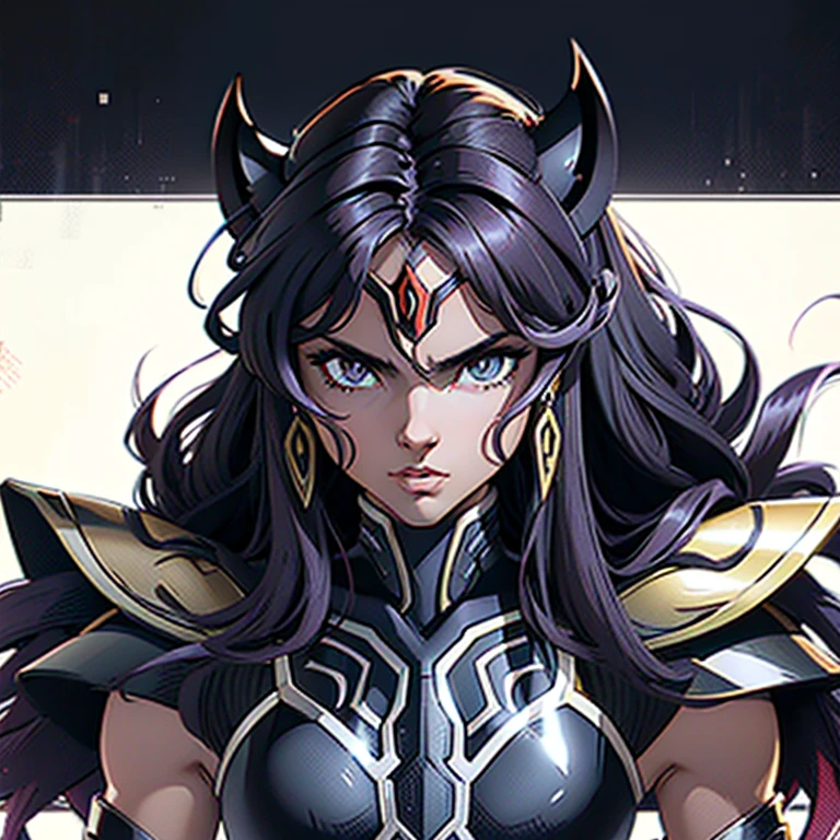 Una mujer con una armadura de pantera negra.,, Saint Seiya, Armadura de pantera negra, casco de pantera, pelo morado oscuro, pelo medio largo, , personaje carismático, Avatar de seconde vie, Buena captura de pantalla, Femme seduisante vue complète du corps, alta calidad, Piel muy detallada