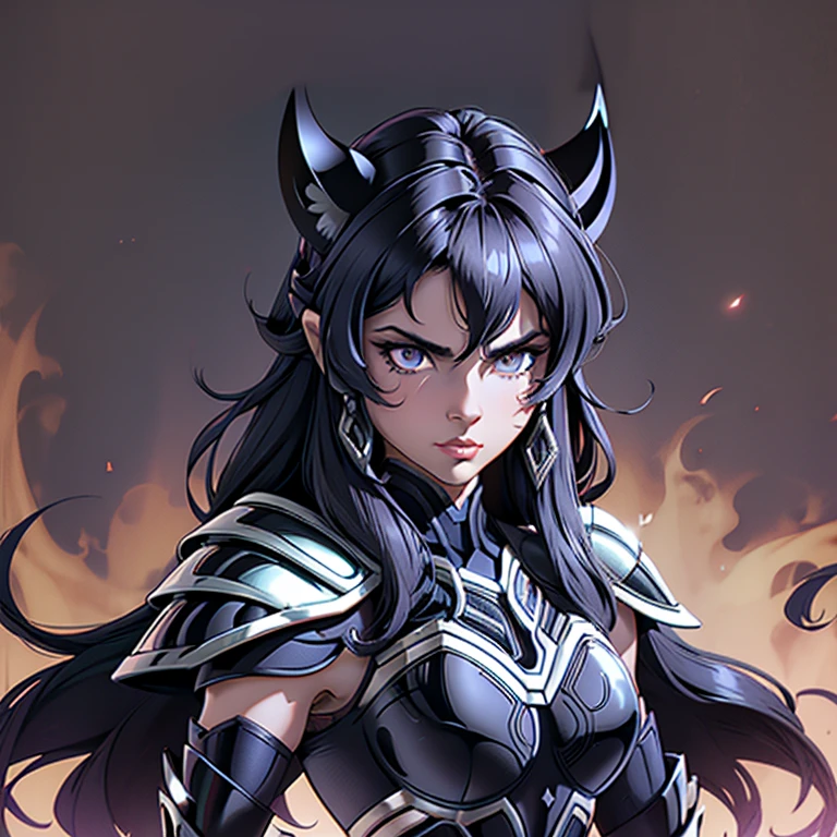 Una mujer con una armadura de pantera negra.,, Saint Seiya, Armadura de pantera negra, casco de pantera, pelo morado oscuro, pelo medio largo, , personaje carismático, Avatar de seconde vie, Buena captura de pantalla, Femme seduisante vue complète du corps, alta calidad, Piel muy detallada