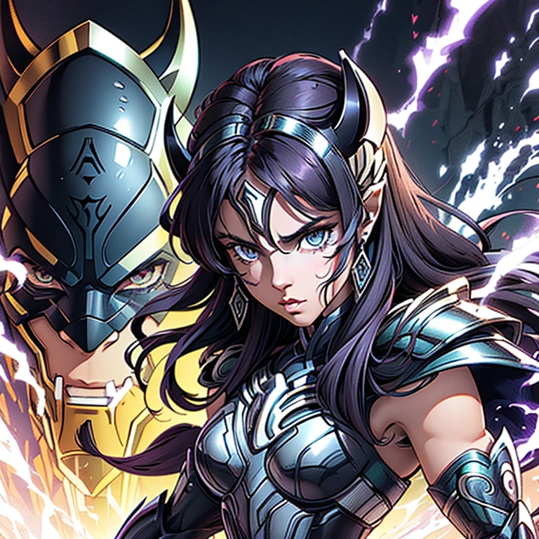 Una mujer con una armadura de pantera negra.,, Saint Seiya, Armadura de pantera negra, casco de pantera, pelo morado oscuro, pelo medio largo, , personaje carismático, Avatar de seconde vie, Buena captura de pantalla, Femme seduisante vue complète du corps, alta calidad, Piel muy detallada