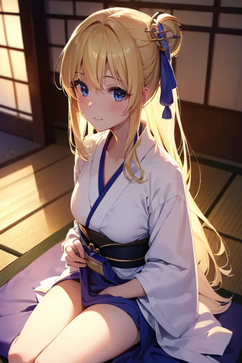 best quality,high resolution, ultra-detailed,game cg,a beauty girl,upper body,a blond,blue eyes,ssmile, flat chest,yukata at the...