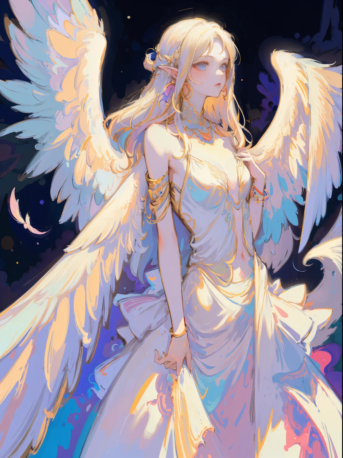 Designed by nty, A woman is, (Angelic, the angel's wings), colorful clothes, Complicated details, coloured background, Abstract