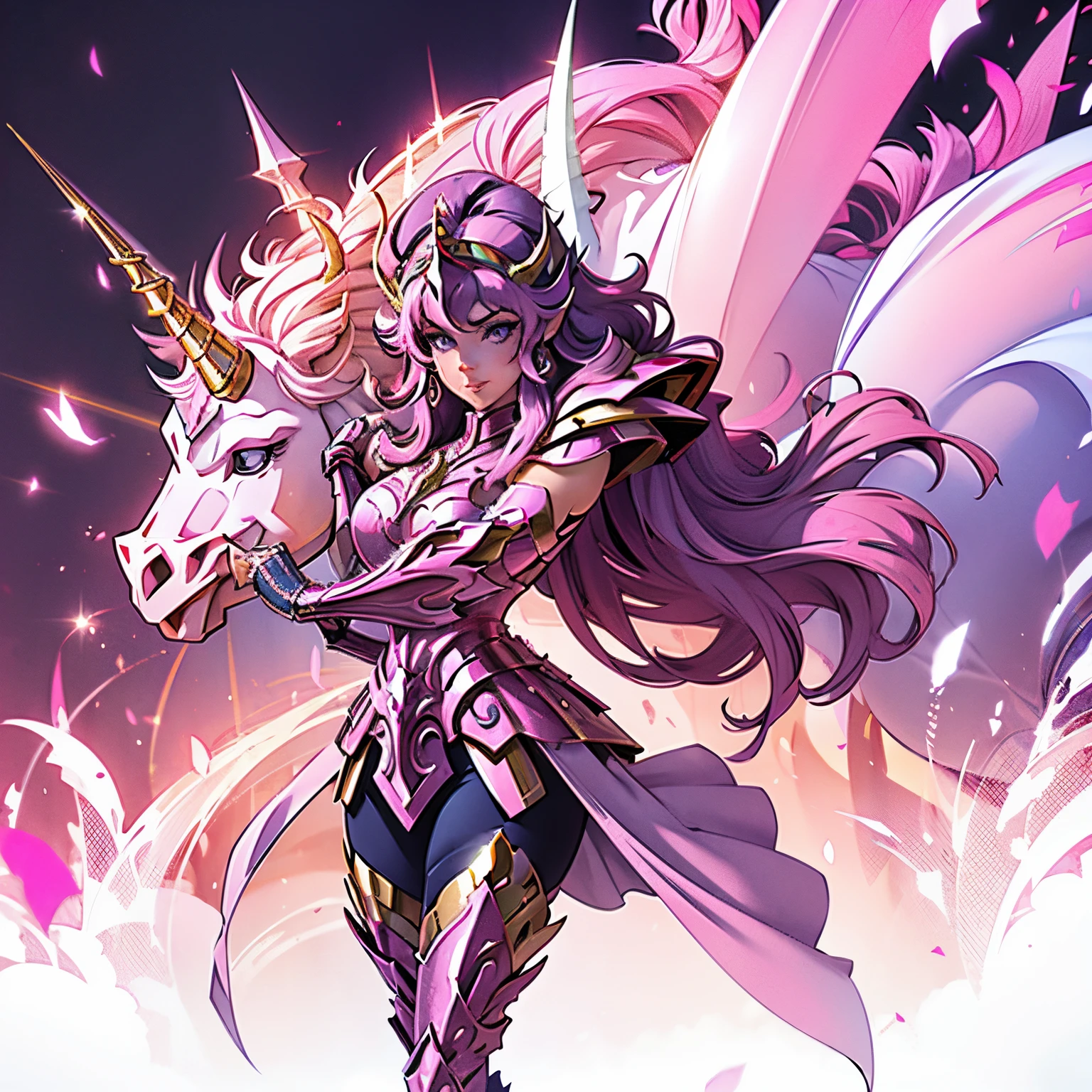 A woman wearing a pink unicorn armor,, Saint Seiya, pink unicorn Armor, , unicorn helmet, Dark and purple hair, long hair, , Charismatic character, Avatar de seconde vie, Nice screenshot, Femme seduisante vue complète du corps, High quality, very detailed skin