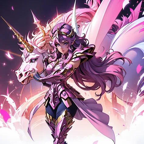 a woman wearing a pink unicorn armor,, saint seiya, pink unicorn armor, , unicorn helmet, dark and purple hair, long hair, , cha...