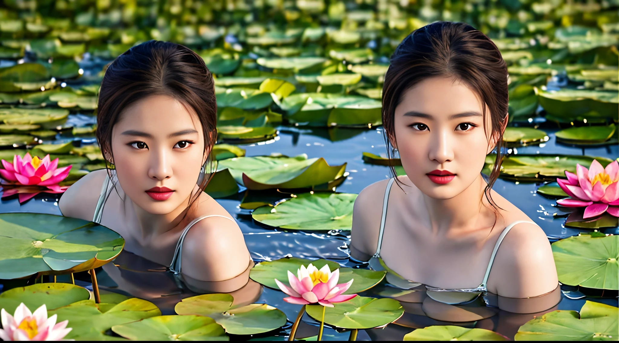 Oil Aim, brown, Women's beauty can be supplemented by the reflection of water lilies.. The vivid colors of the lotus flowers can also enhance the beauty of the scene., Create harmonious color combinations, RAW photo,(highly detailed skin:1.2), 8k UHD, DSLR, gentle lighting, High Quality, grain of film, photorealistic portrait,