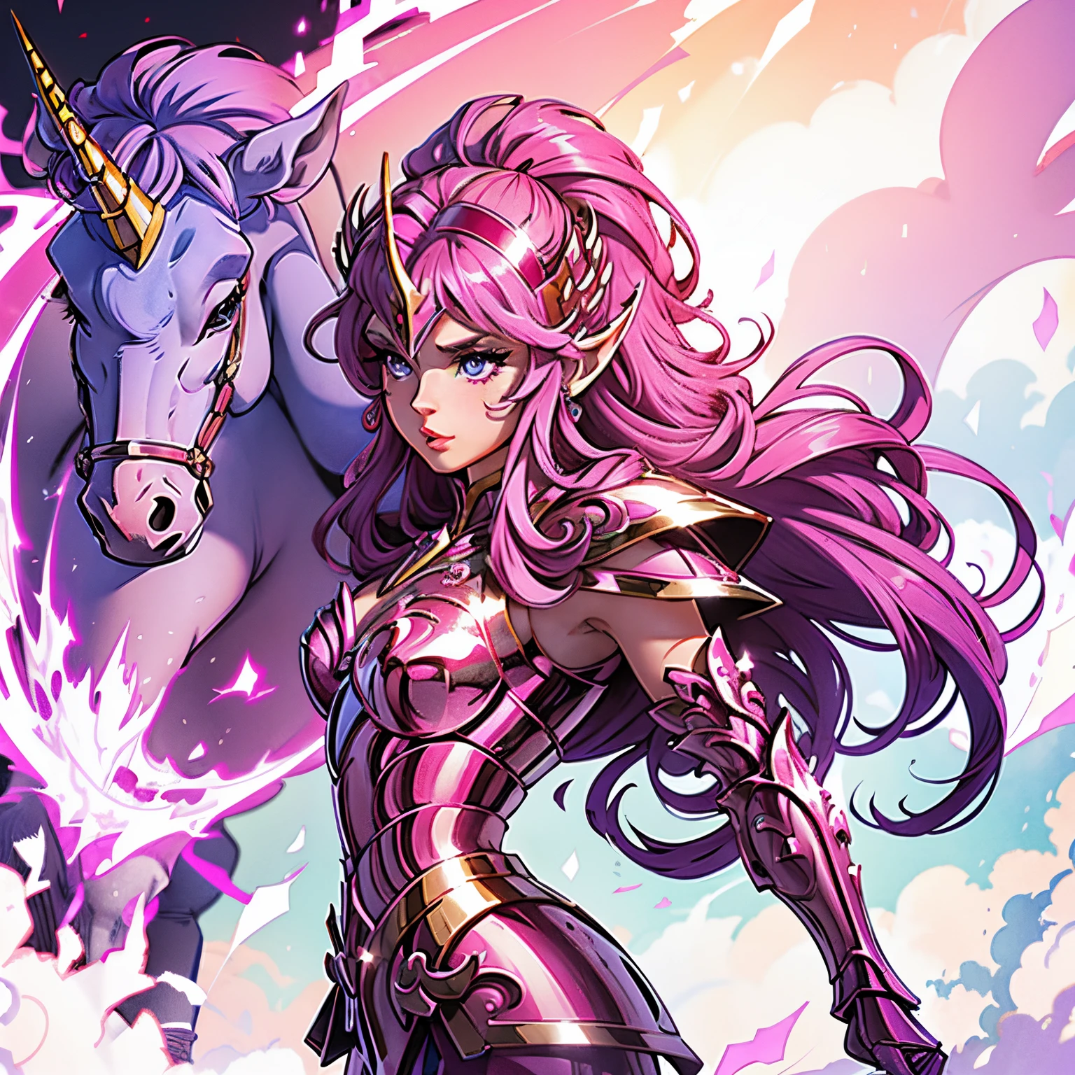 Una mujer con una armadura de unicornio rosa.,, Saint Seiya, armadura de unicornio rosa, , casco de unicornio, Cabello oscuro y morado, pelo largo, , personaje carismático, Avatar de seconde vie, Buena captura de pantalla, mujer seductora, alta calidad, piel muy detallada,