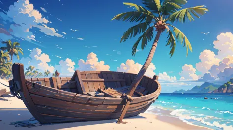 (illustrations : 1.0), Epic composition, photorealistic lighting, HD detail, ​masterpiece, Best quality at best, (Highly detailed CG integrated 8k wallpaper) , blue-sky, Blue Ocean, sand, broken and falling palm tree, broken wooden ship