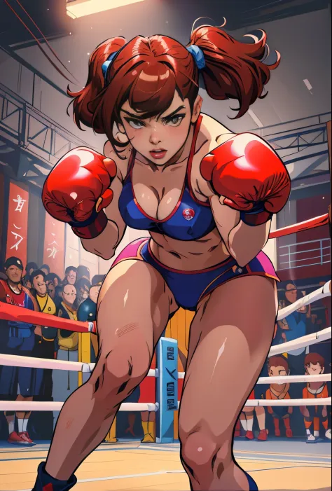 Mature female boxer、Ponytail with black hair、Brown-skinned、Black sports bra  and shorts、Boxing gloves、With keen eyes、Boxing stance、waist line、 - SeaArt  AI