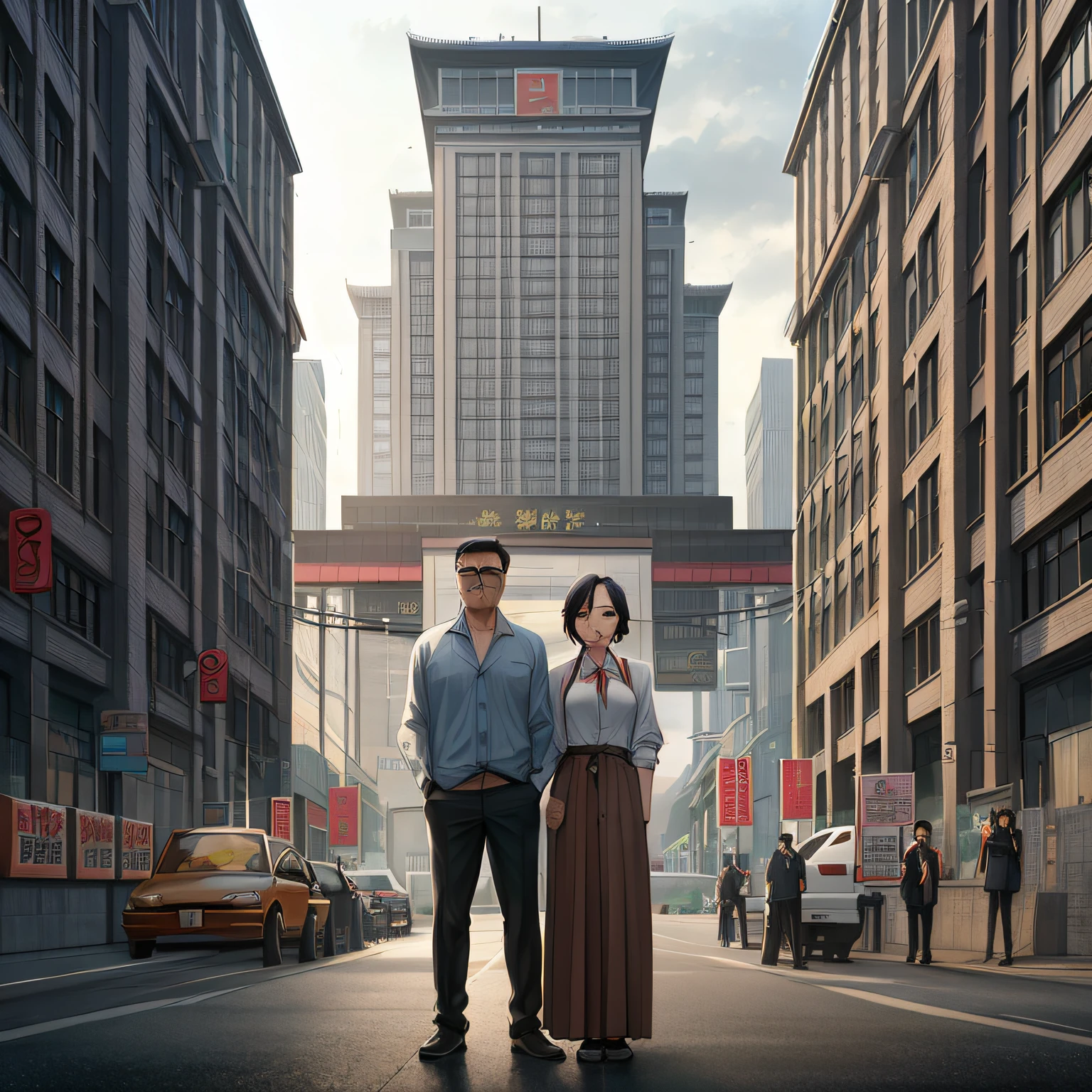 A man and a woman standing on the street，The background is a building, Movie Promotional Image,  by Ni Yuanlu, Inspired by Zhang Xiaogang, inspired by Gu Zhengyi, screenshots from movies, Inspired by Gu Hongzhong, Inspired by Wang Yi, American city, promotional render