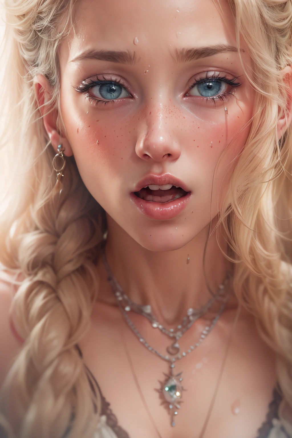 masterpiece, photorealistic, close up face portrait, 1 lady, alluring woman, open mouth, open lips, surprised, she is having an orgasm, orgasmic face, pleasure face, face drenched with thick whhite liquid, cum covered face, blonde, sofisticated, jewelery, necklace , earings, piercings, young beautiful, cute freckles, realistic skin textures, skin imperfections, twin braids, young girl, freckled,blonde, freckled pale skin, anna nikonova aka newmilky, lacey