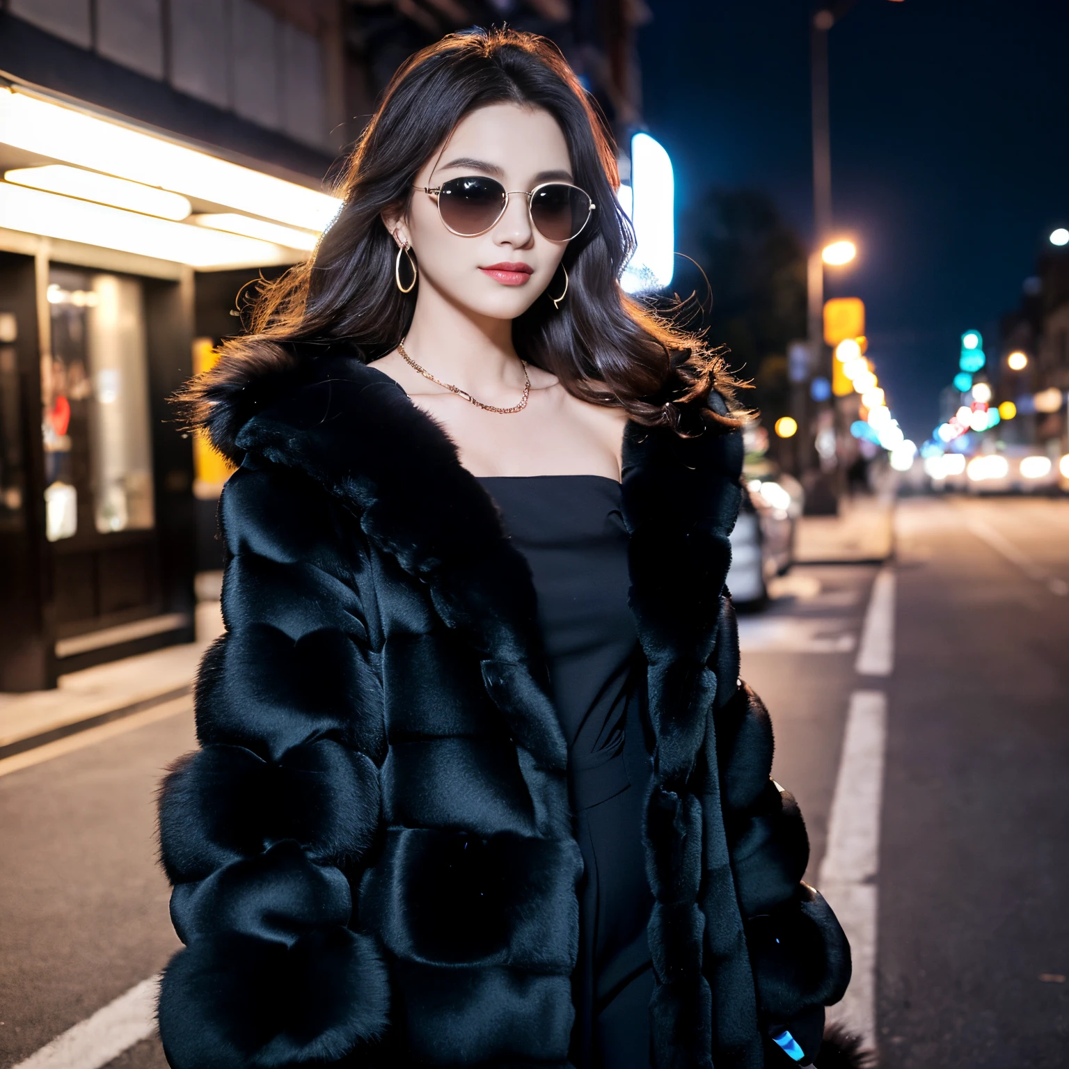 A woman in a black fur coat and sunglasses standing on a street - SeaArt AI