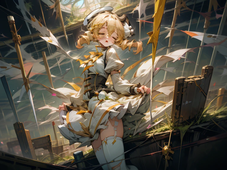 mami tomoe, big breast, torn clothes, fluttering skirt, white underwear, closed eyes, :o, pain, moaning, tottering, scenery, lightning