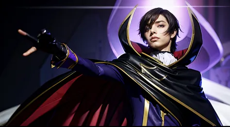 masterpiece, best quality, lelouch lamperouge, solo, holding mask, looking at viewer, standing, short hair, purple eyes, geass b...