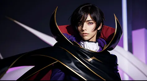 masterpiece, best quality, lelouch lamperouge, solo, looking at viewer, short hair, purple eyes, geass black cape, brown hair, c...