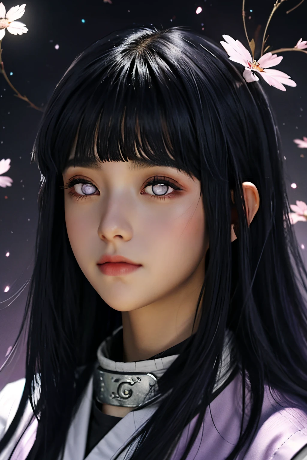 ((Obra-Prima)), digital ART, alta resolução, Hyuuga Hinata, cabelo longo, long hair, Hinata Hyuuga, ART realista, olhos lilases, princesa do Byakugou, bem detalhada, solo, 1girl, fundo floral bem iluminado