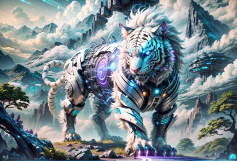(Best quality, 8K,A high resolution,tmasterpiece:1.2),ultra - detailed),Future robot animal white tiger,Full body shot,Colorful ...