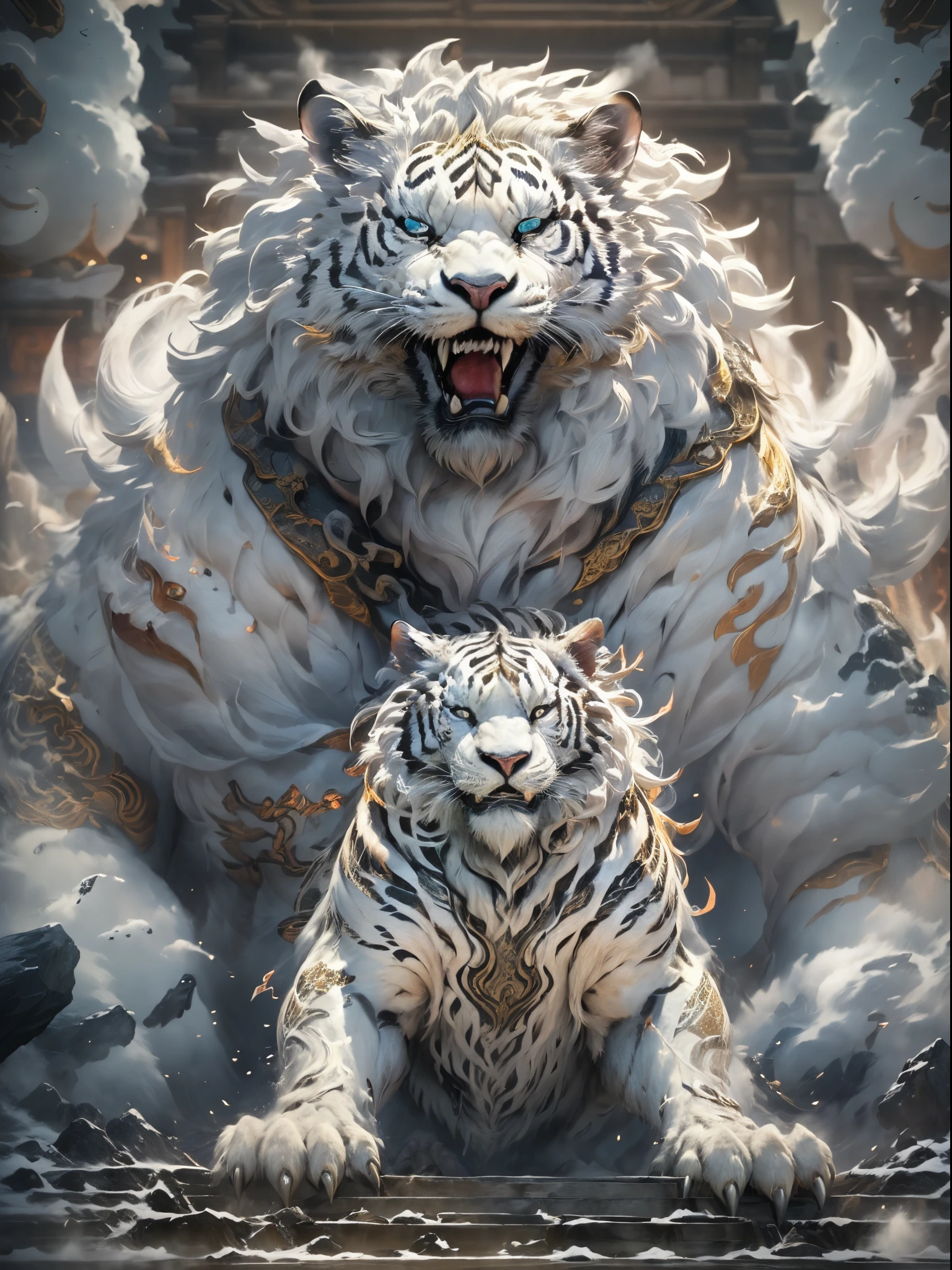 (La mejor calidad en el mejor de los casos.,obra maestra, intrincado,Hiperdetalle，Fondo de pantalla unificado CG extremadamente detallado) , dahuangdongjing，Una bestia mítica en la mitología china.(el tigre blanco),El tigre blanco se parece a un enorme tigre blanco.，Enorme y poderoso。Tiene un cuerpo majestuoso y garras afiladas.，Todo el cuerpo está cubierto de un pelaje blanco como la nieve.，Los tigres blancos suelen tener un par de cuernos cortos en la cabeza.，Y ambos ojos irradian luz como un rayo，rodeado de relámpagos，Rodeado de nubes blancas，país de las maravillas del país de los sueños、Palacio celestial de Genting，，La montaña es muy empinada.，rocas extrañas，fantástico，ogro、cuadrado、equitación，Vista lejana，(La mejor calidad en el mejor de los casos.,obra maestra, intrincado,Hiperdetalle，Fotógrafo RAW,8K，hiper alta definición,ultra alta resolución,estilo realista,Una escena cinematográfica, enfoque nítido,luces dramáticas,Fondo de pantalla unificado CG extremadamente detallado，color chino，The colors are brillante，brillante，Elementos chinos tradicionales，（（Murales antiguos）），Mitos ilustrativos，Leyenda de Fuyao，luz moteada，neblina brumosa，aura mística，obra maestra，k hd，gran cantidad de colores，detalle detallado，siete colores)