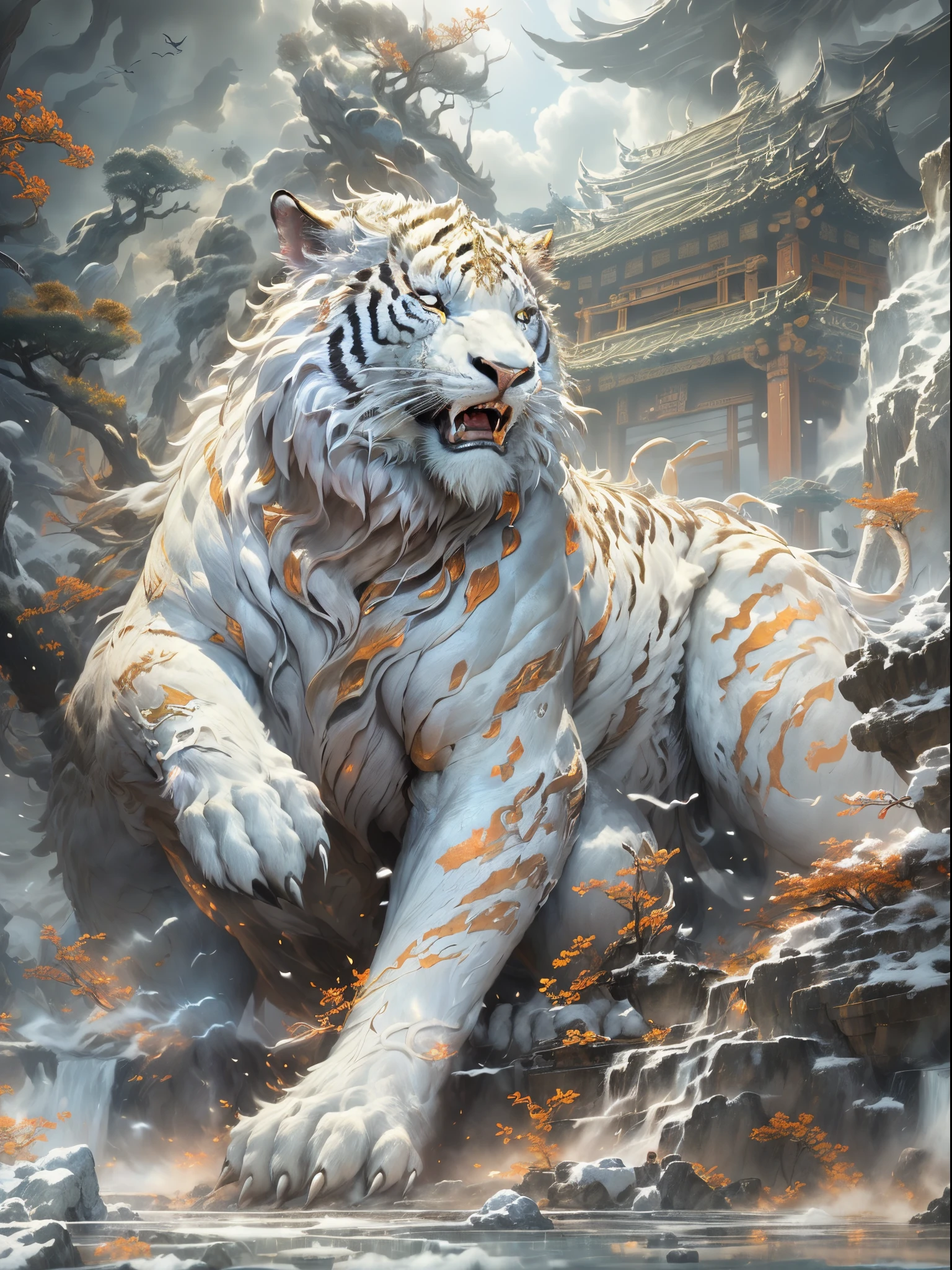 (Best quality at best,tmasterpiece, iintricate,hyper-detailing，Extremely detailed CG unified wallpaper) , dahuangdongjing，A mythical beast in Chinese mythology(the white tiger),White tiger resembles a huge white tiger，Huge and powerful。It has a majestic body and sharp claws，The whole body is covered with fur as white as snow，White tigers usually have a pair of short horns on their heads，And both eyes radiate light like lightning，Surrounded by lightning，Surrounded by white clouds，dreamland wonderland、Genting Heavenly Palace，，The mountain is very steep，strange rocks，Fantastical，Ogre、square、Riding，Faraway view，(Best quality at best,tmasterpiece, iintricate,hyper-detailing，RAW photogr,8k，hyper HD,Ultra-high resolution,Realisticstyle,A cinematic scene, Focus sharp,dramatic lights,Extremely detailed CG unified wallpaper，Chinese color，The colors are bright，bright，Traditional Chinese elements，（（Ancient murals）），Illustrative myths，Fuyao Legend，Dappled light，Hazy haze，Mystic aura，tmasterpiece，k hd，plethora of colors，detailed detail，Seven colors)