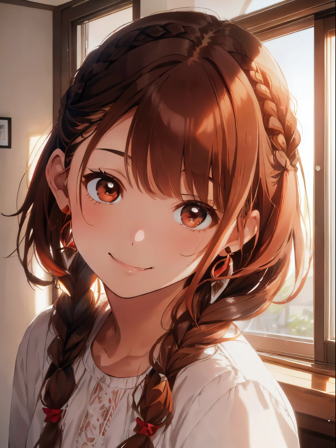 Bedroom with bright sunlight,fluffy hair,((With bangs)),brown haired,((Braided shorthair)),Slightly red tide,((Brown eyes)),(Gesture to put hair over the ears),((Front view)),kindly smile,Kamimei,(((close up of face))),